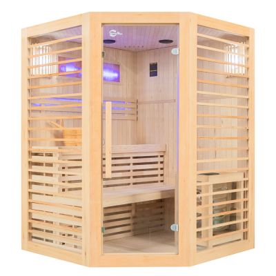 Sauna sucha z piecem EL narożna z drewna hemlock