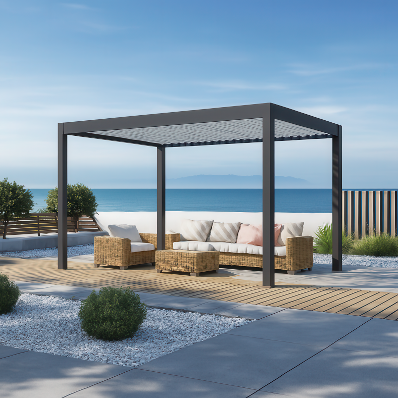 Pergola tarasowa Elite Lux Horizon 311x403 cm Antracyt z jasnymi lamelami