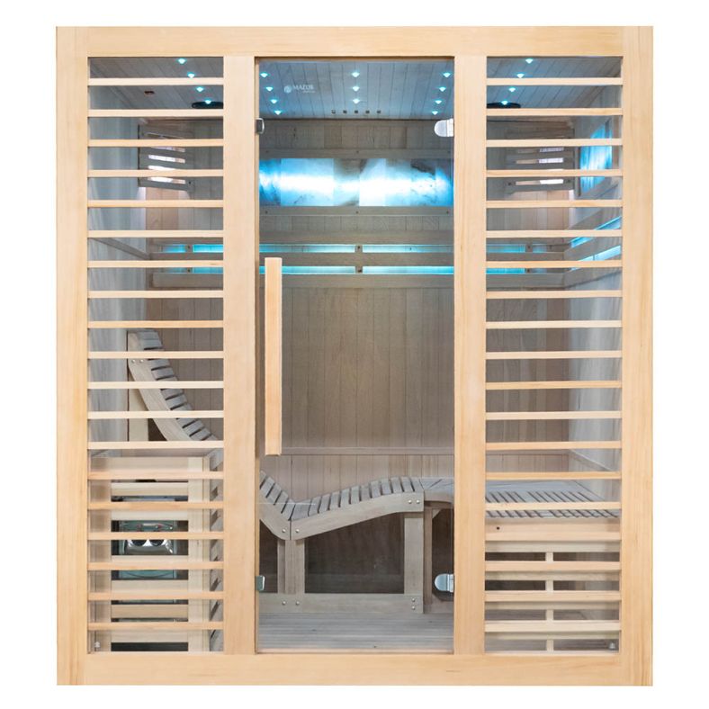 Sauna sucha z piecem EA4-L z leżanką i ręcznie wykończonym wnętrzem