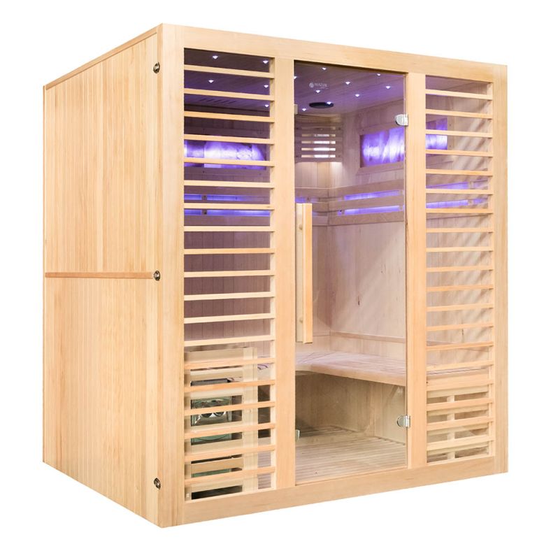Sauna sucha z piecem EA4-L z leżanką i ręcznie wykończonym wnętrzem