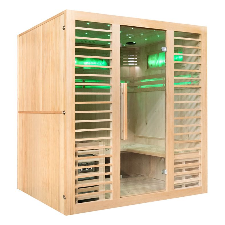 Sauna sucha z piecem EA4-L z leżanką i ręcznie wykończonym wnętrzem