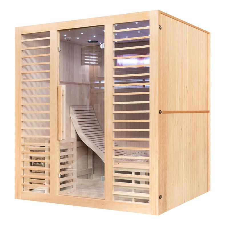 Sauna sucha z piecem EA4-L z leżanką i ręcznie wykończonym wnętrzem