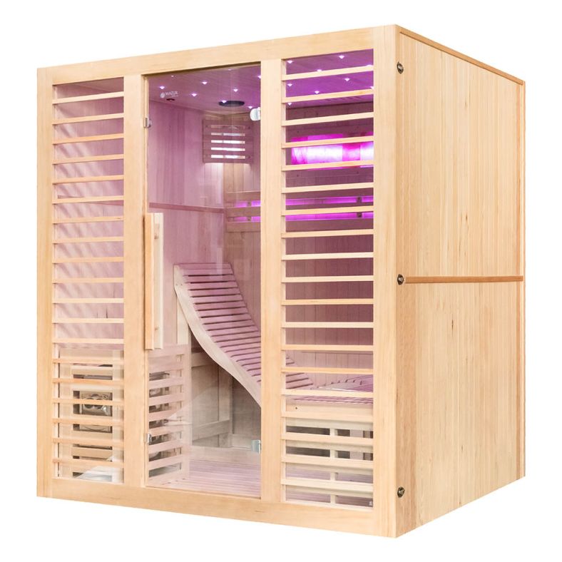 Sauna sucha z piecem EA4-L z leżanką i ręcznie wykończonym wnętrzem