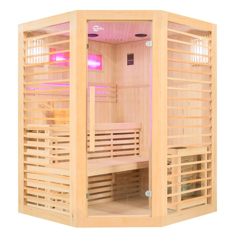 Sauna sucha z piecem EL narożna z drewna hemlock