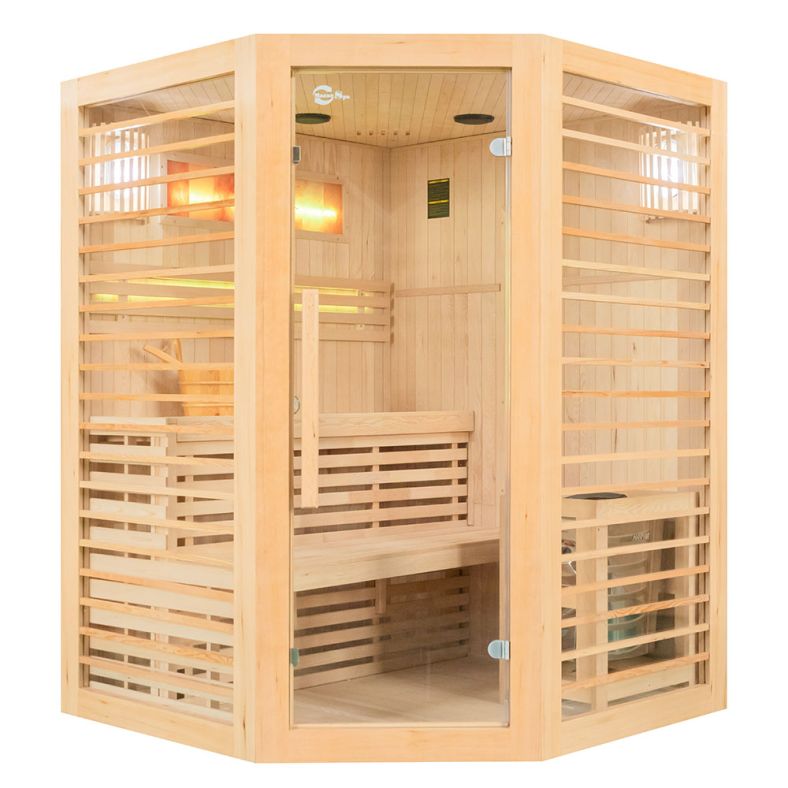 Sauna sucha z piecem EL narożna z drewna hemlock