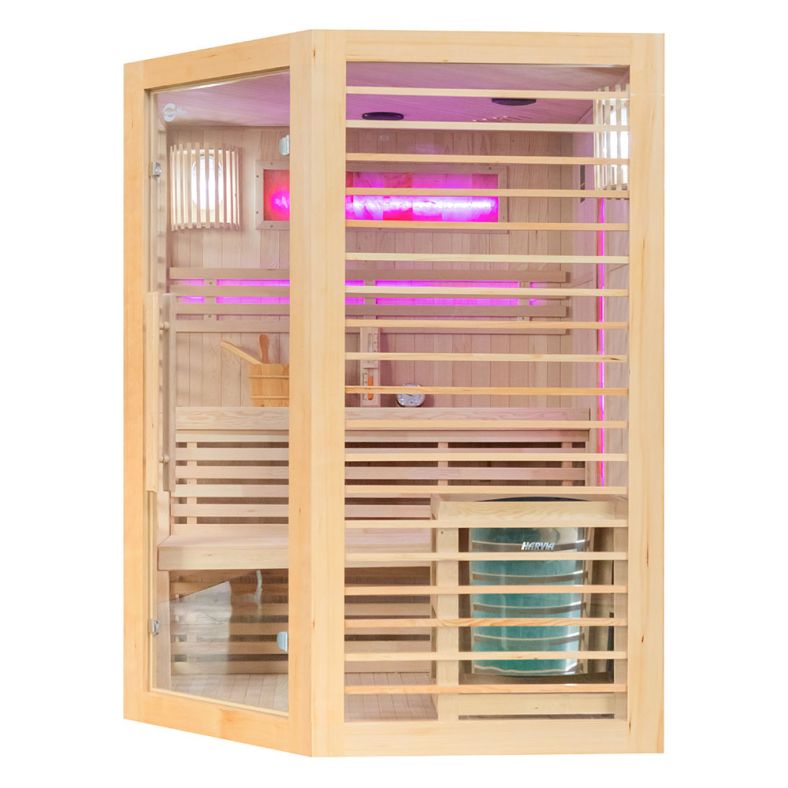 Sauna sucha z piecem EL narożna z drewna hemlock
