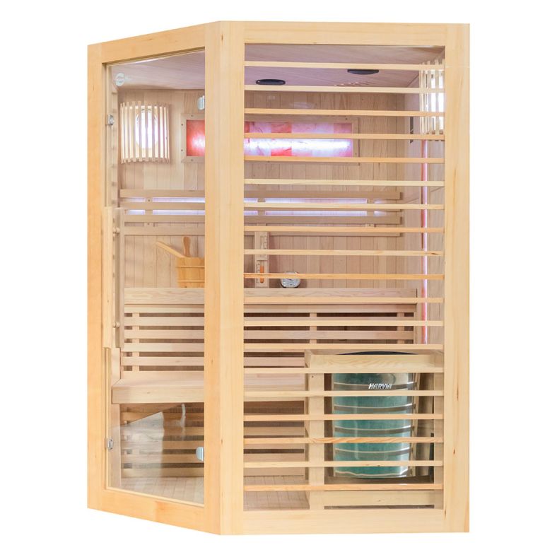 Sauna sucha z piecem EL narożna z drewna hemlock