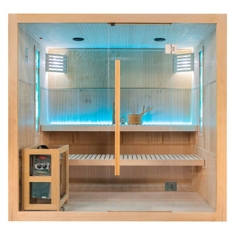 Sauna sucha z piecem EA5S LUX 210 × 160 cm – 4 siedzące lub 2 leżące