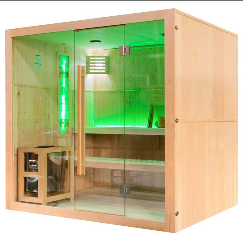 Sauna sucha z piecem EA5S LUX 210 × 160 cm – 4 siedzące lub 2 leżące