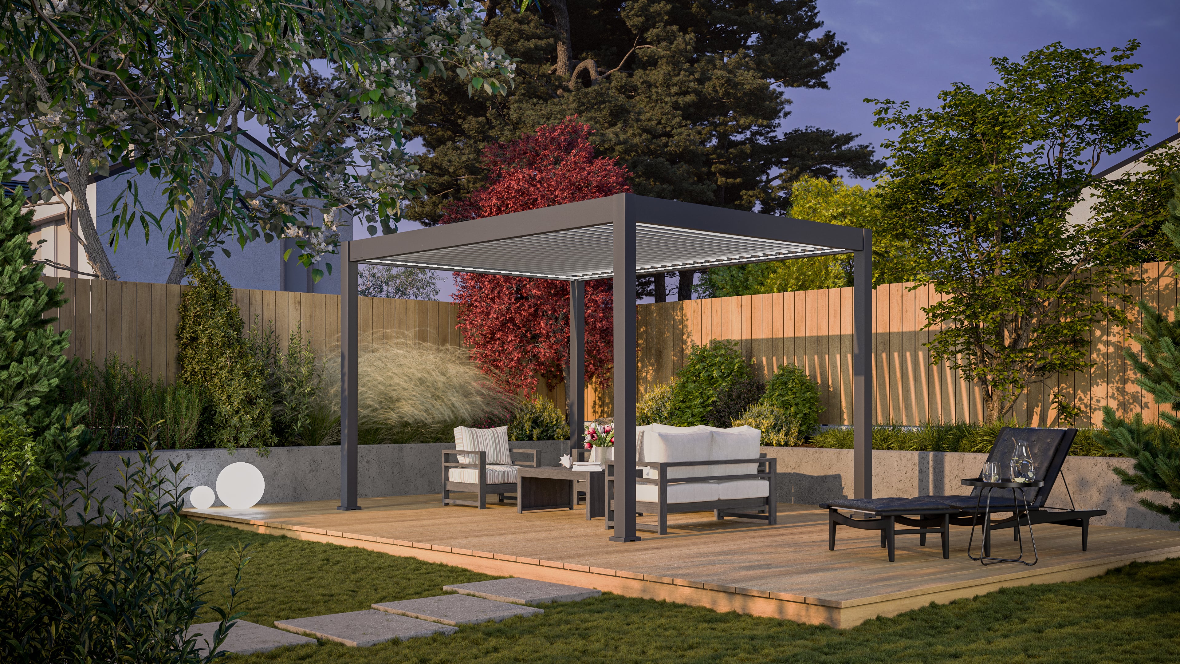 Pergola elektryczna tarasowa DELUXE PRO AUTOMATIC 3x4 z oświetleniem LED, AnthraciteLight Grey - Gutroof w świetle dziennym