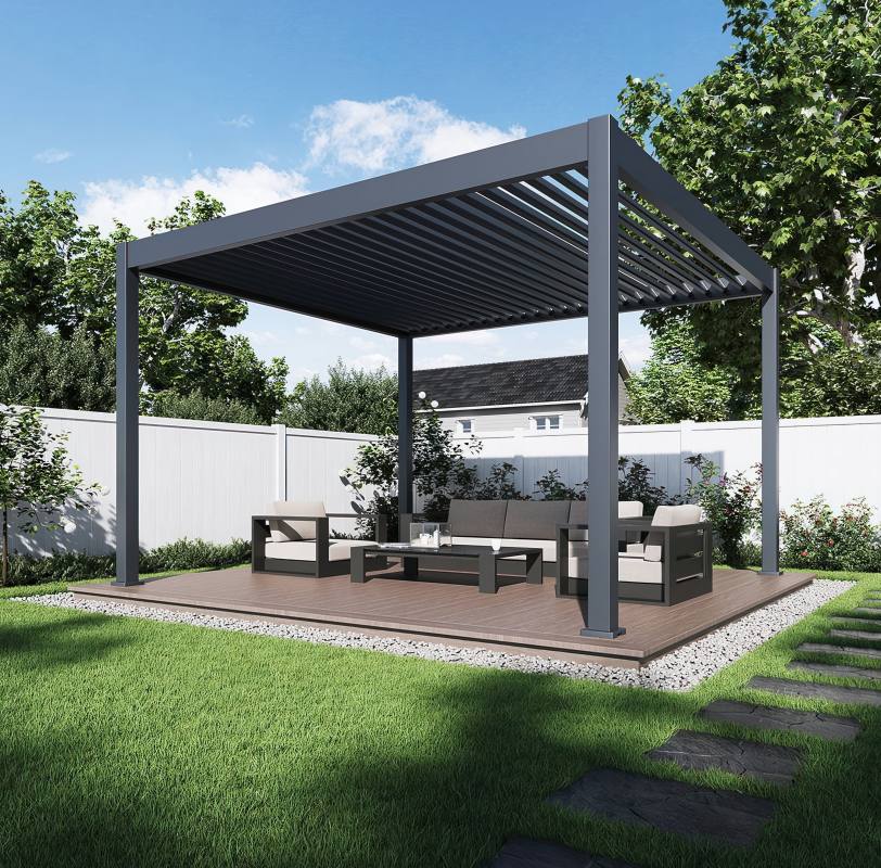 Aluminiowa pergola z regulowanymi lamelami na tarasie